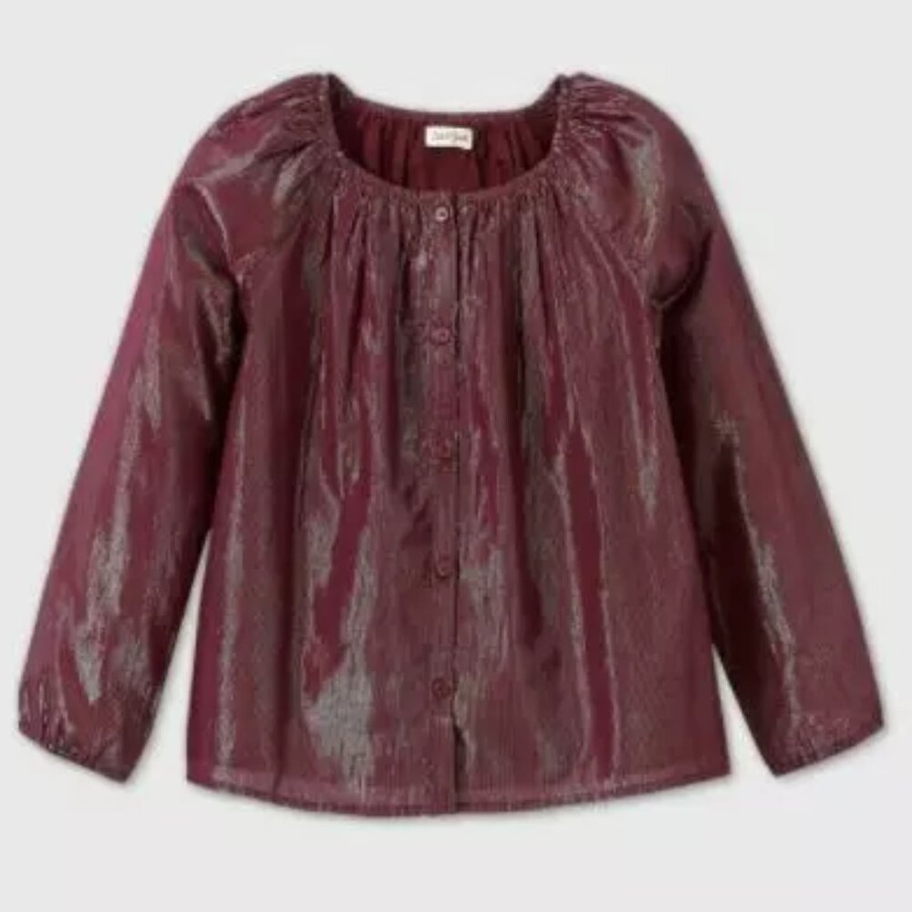 Cat & Jack Girls Burgundy Long Sleeve Button-Front Shine Blouse V-ARIOUS SIZES